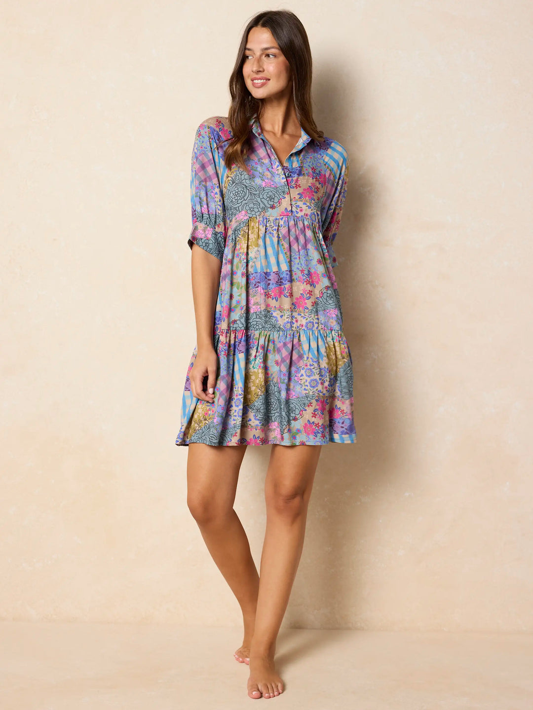Pastel Patchwork Boho Tiered Shirt Dress