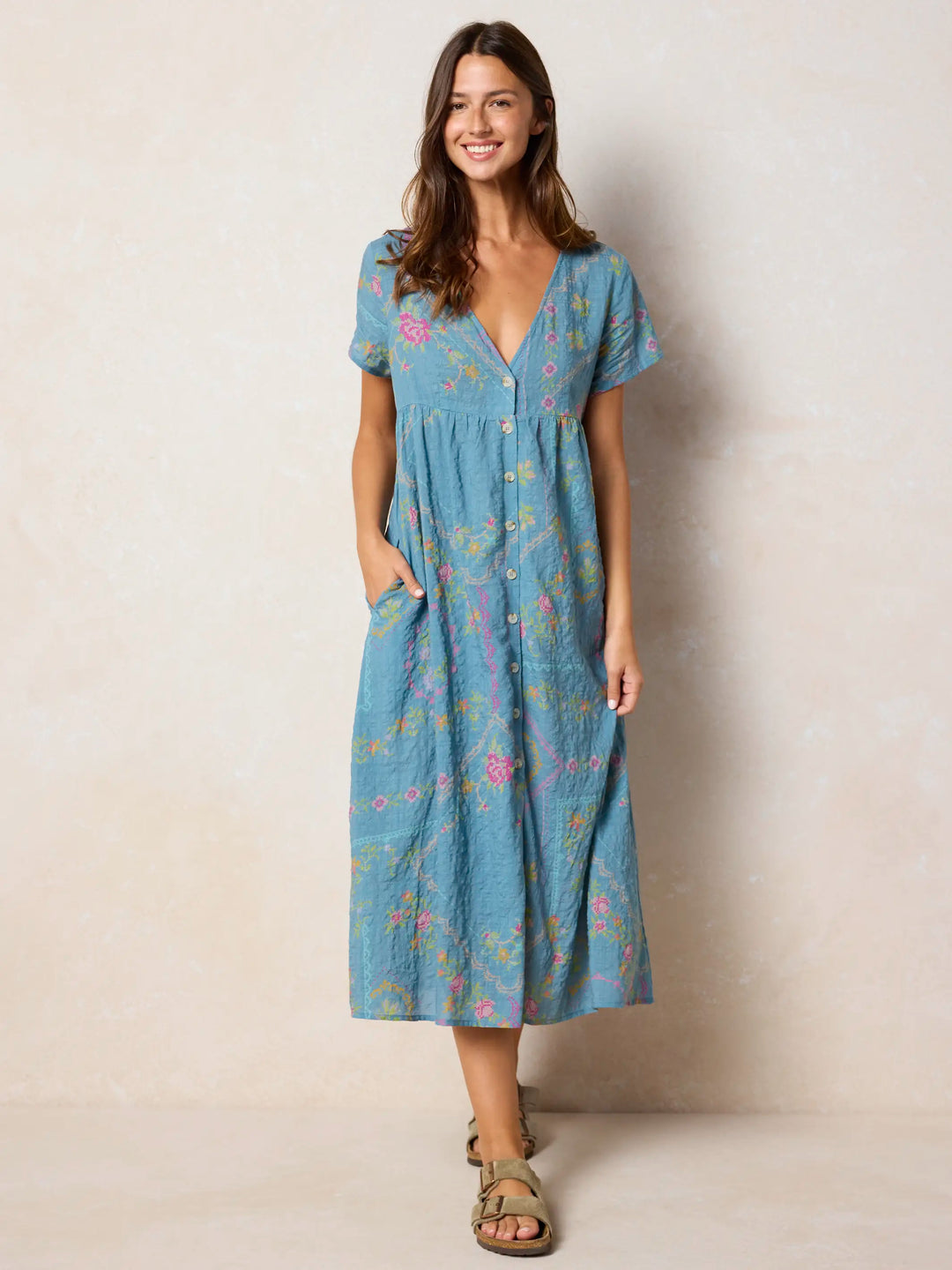 Teal Boho Embroidered Pocket Midi Dress