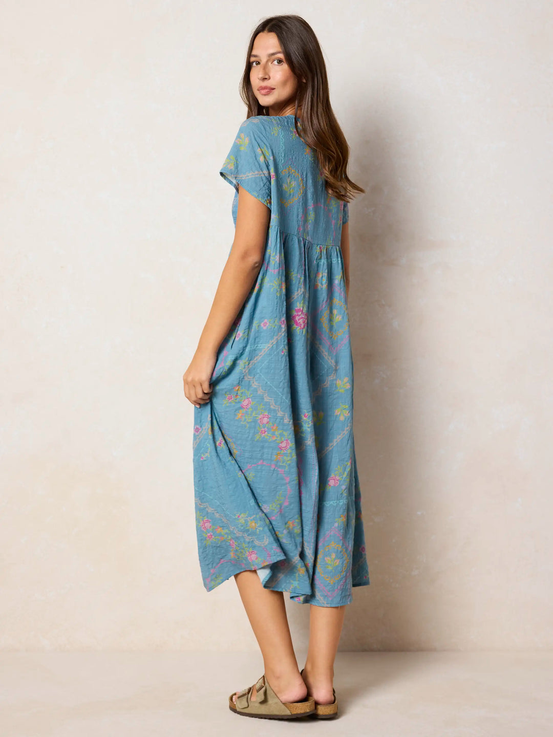 Teal Boho Embroidered Pocket Midi Dress