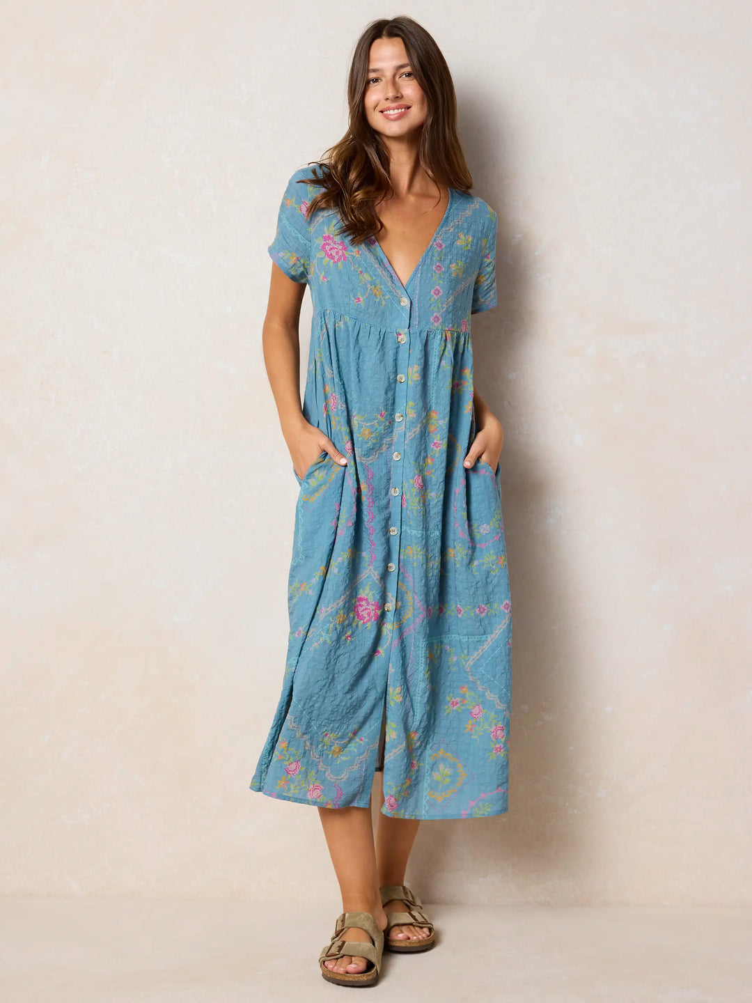 Teal Boho Embroidered Pocket Midi Dress