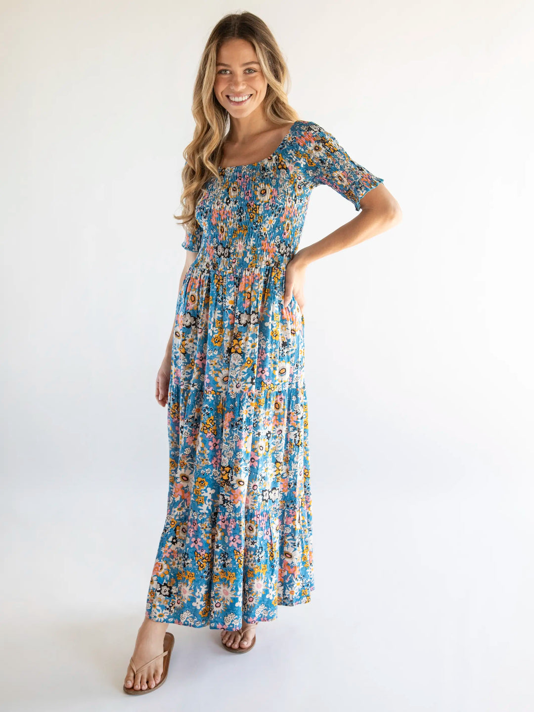 Bright Blue Daisy Print Smocked Maxi Dress