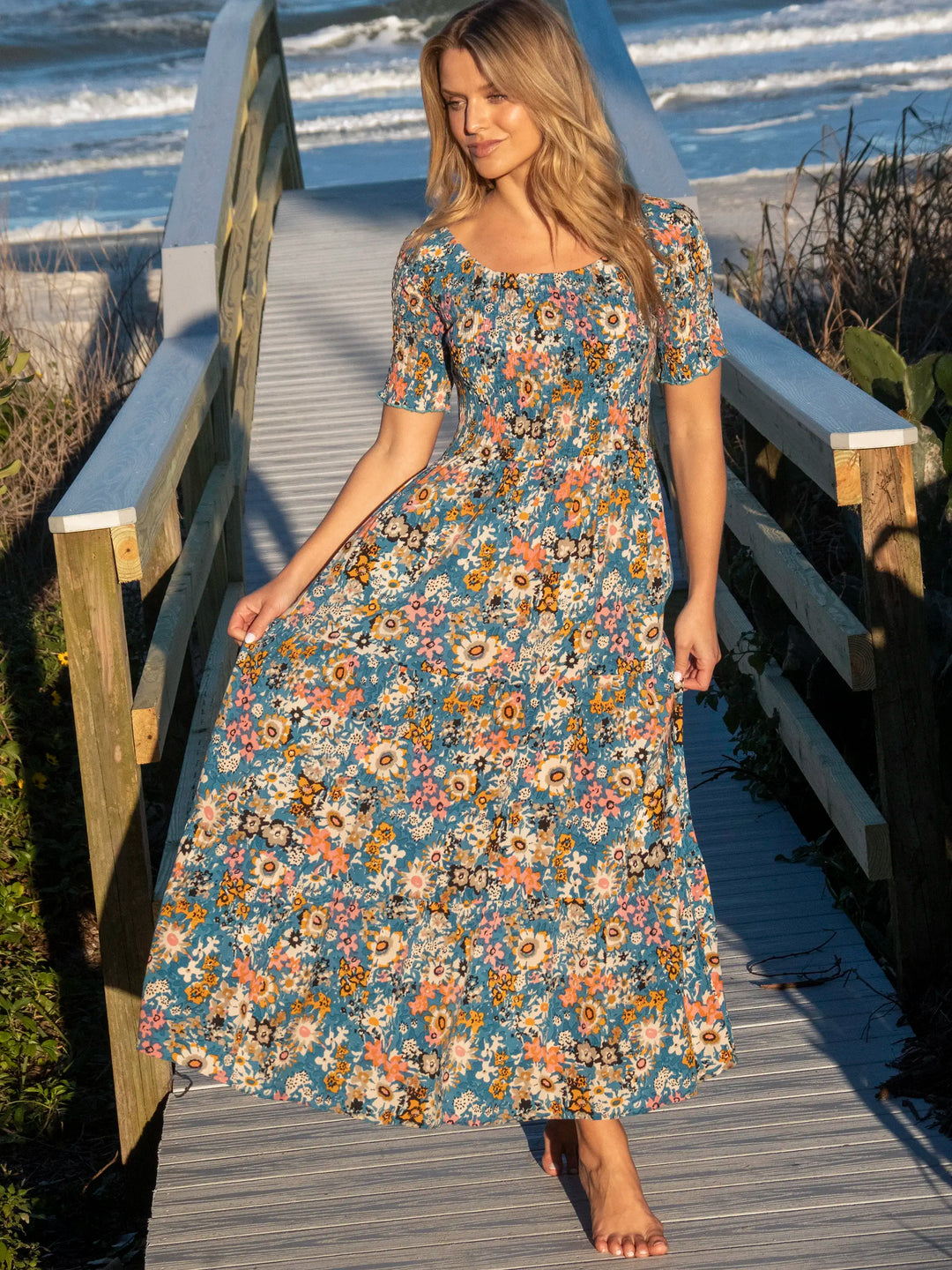 Bright Blue Daisy Print Smocked Maxi Dress