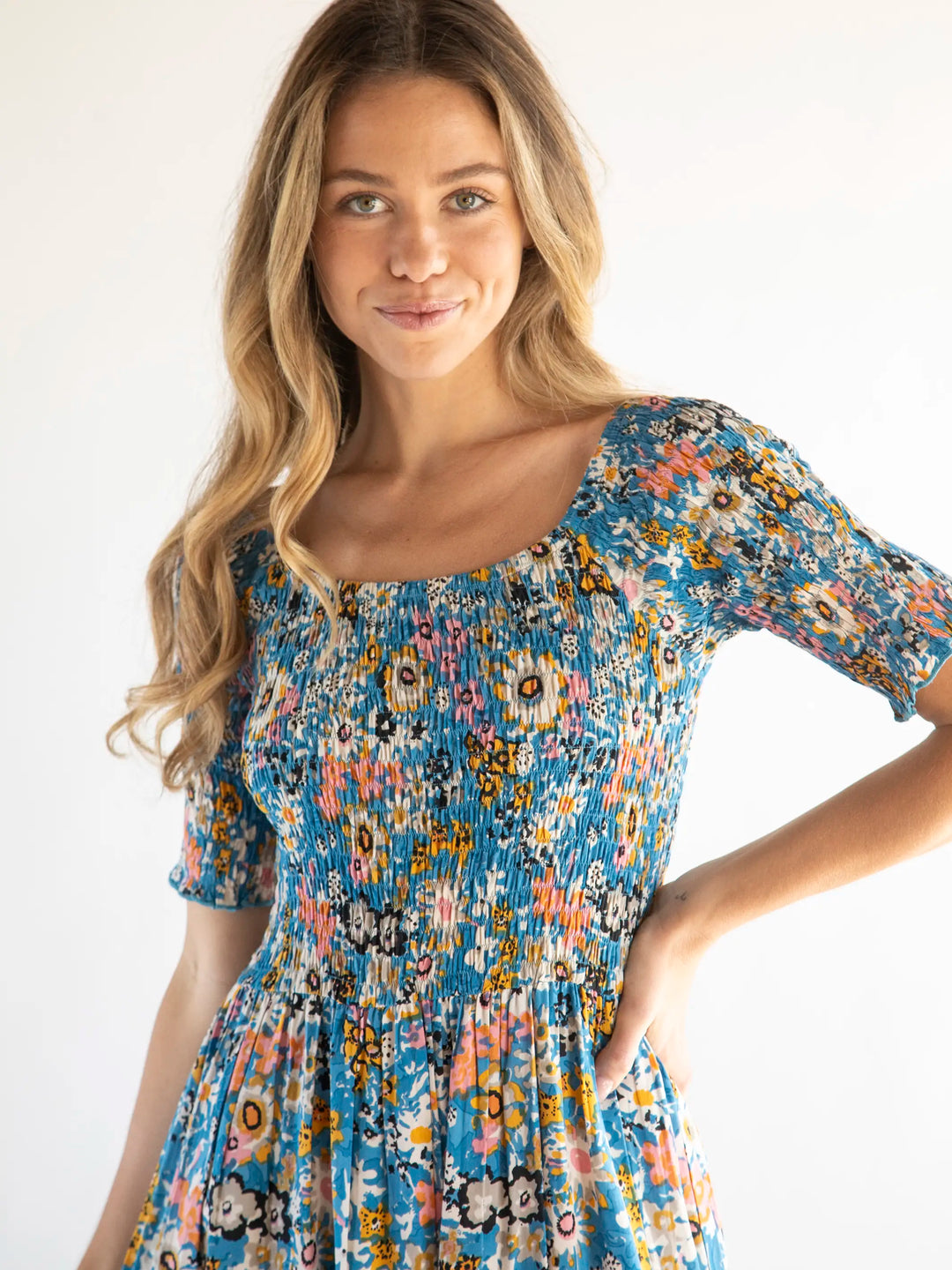 Bright Blue Daisy Print Smocked Maxi Dress