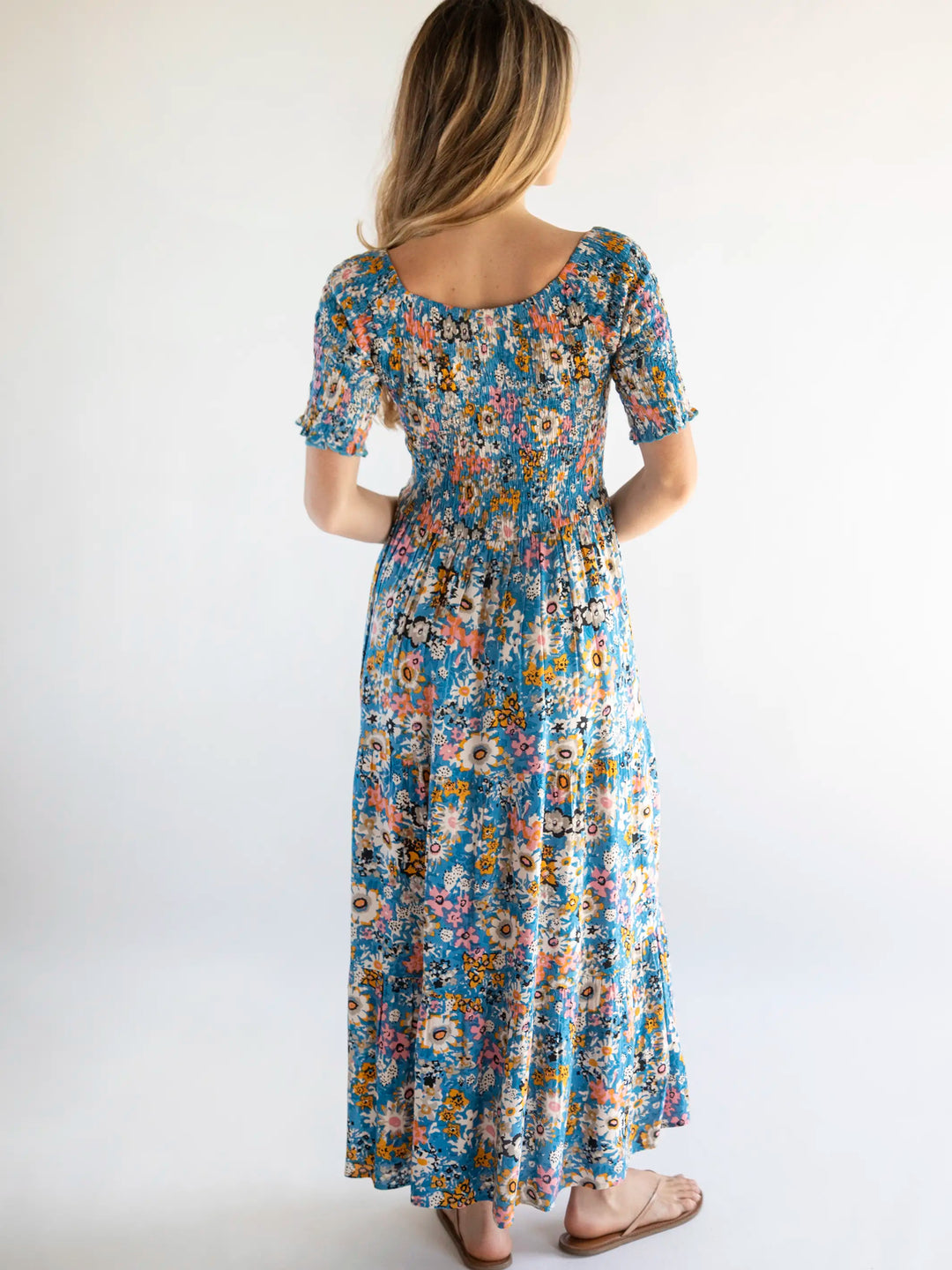 Bright Blue Daisy Print Smocked Maxi Dress