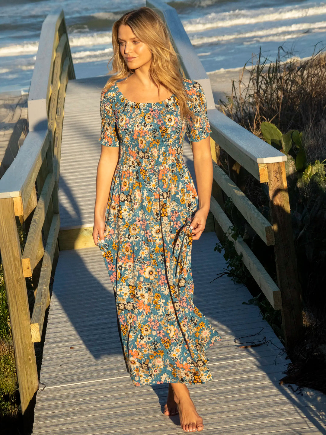 Bright Blue Daisy Print Smocked Maxi Dress