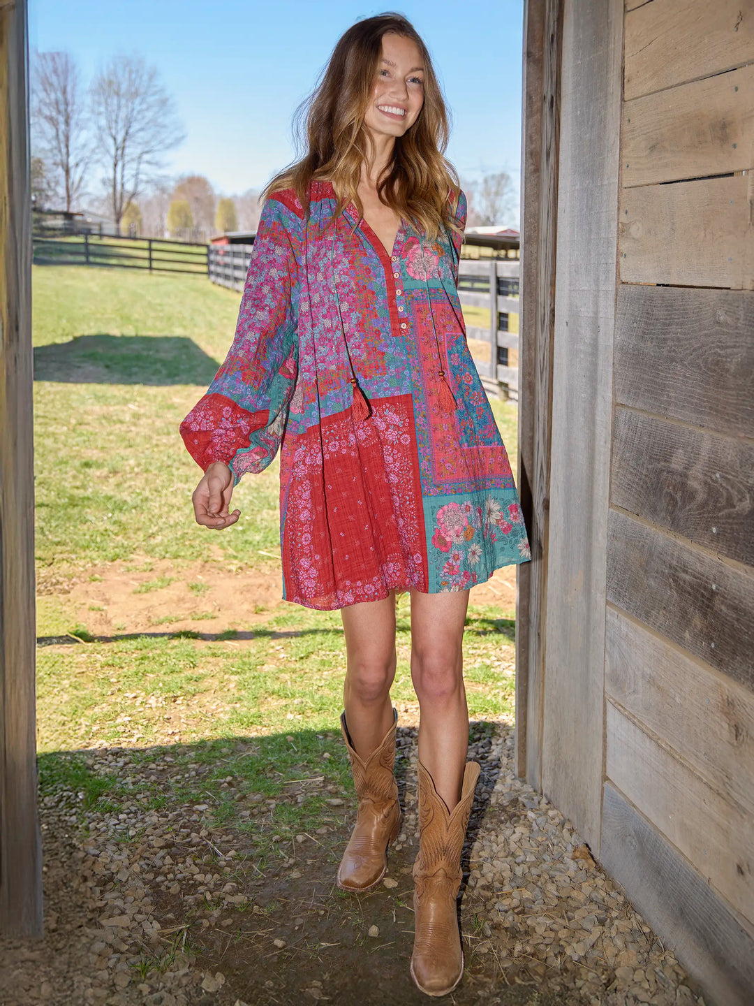 Jewel Tone Patchwork Floral Boho Mini Dress