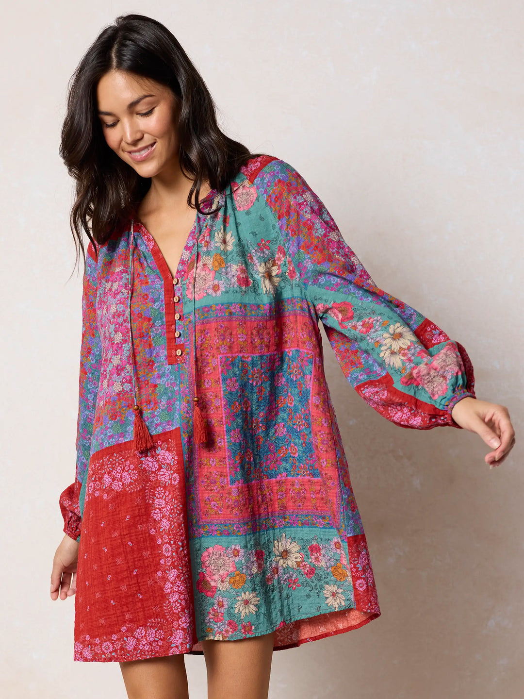 Jewel Tone Patchwork Floral Boho Mini Dress