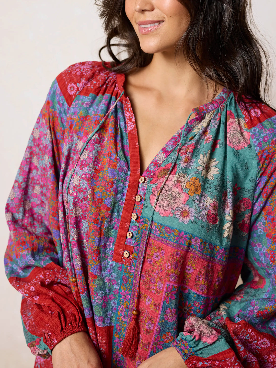 Jewel Tone Patchwork Floral Boho Mini Dress