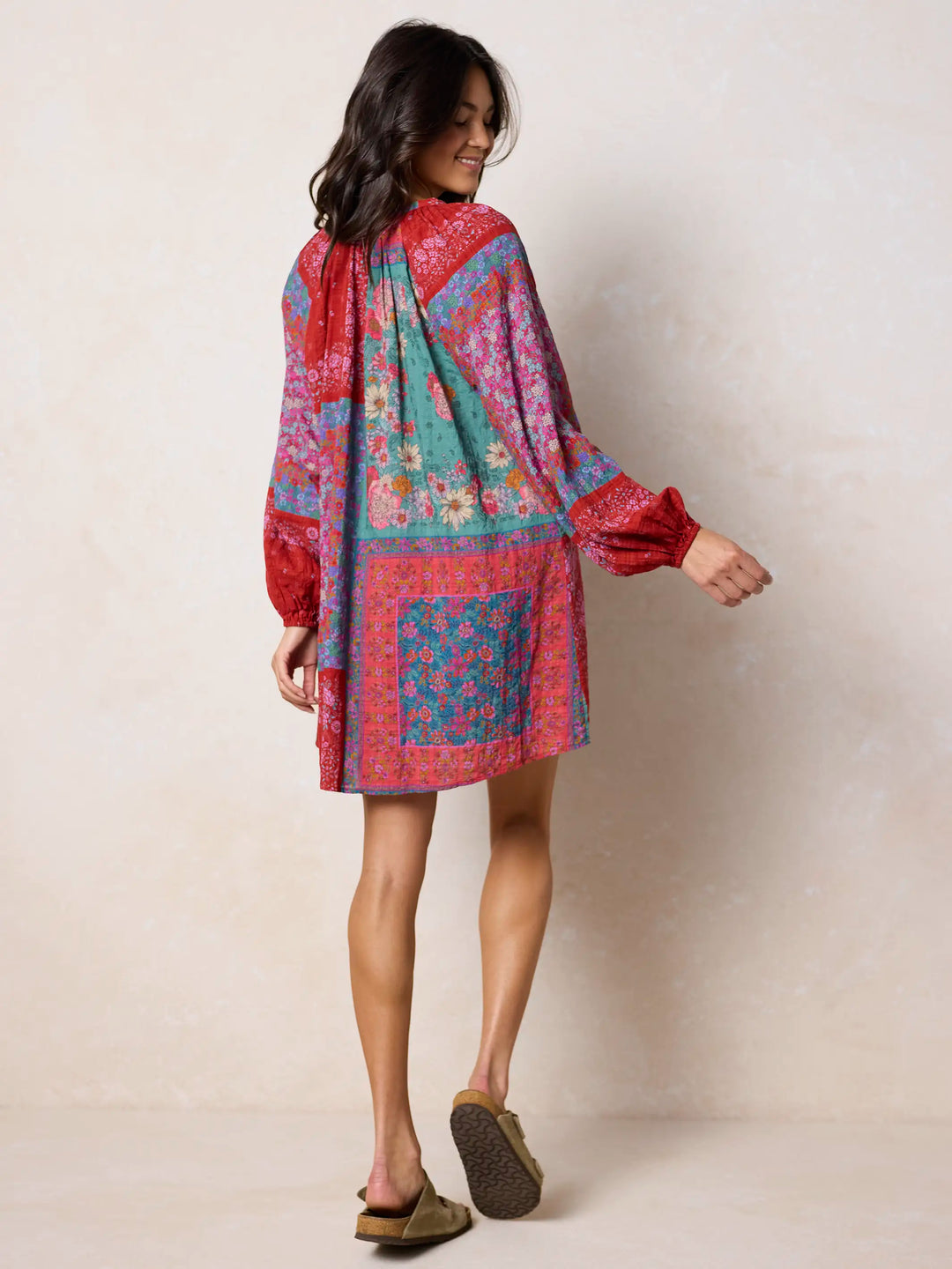 Jewel Tone Patchwork Floral Boho Mini Dress