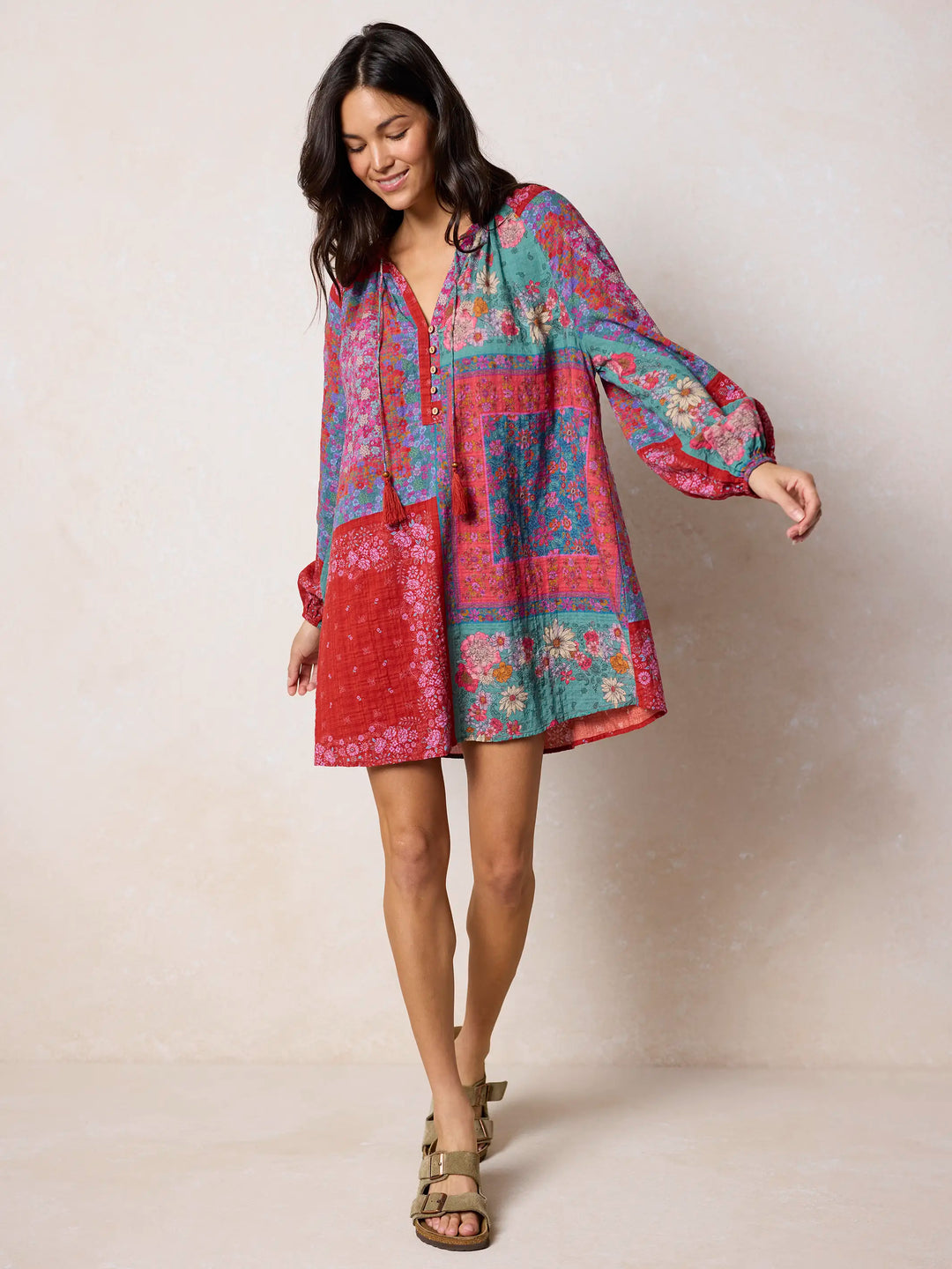 Jewel Tone Patchwork Floral Boho Mini Dress