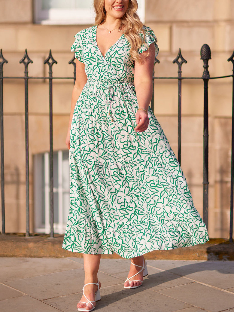 White & Green Linear PrintRuffle Sleeve Tiered Midi Dress