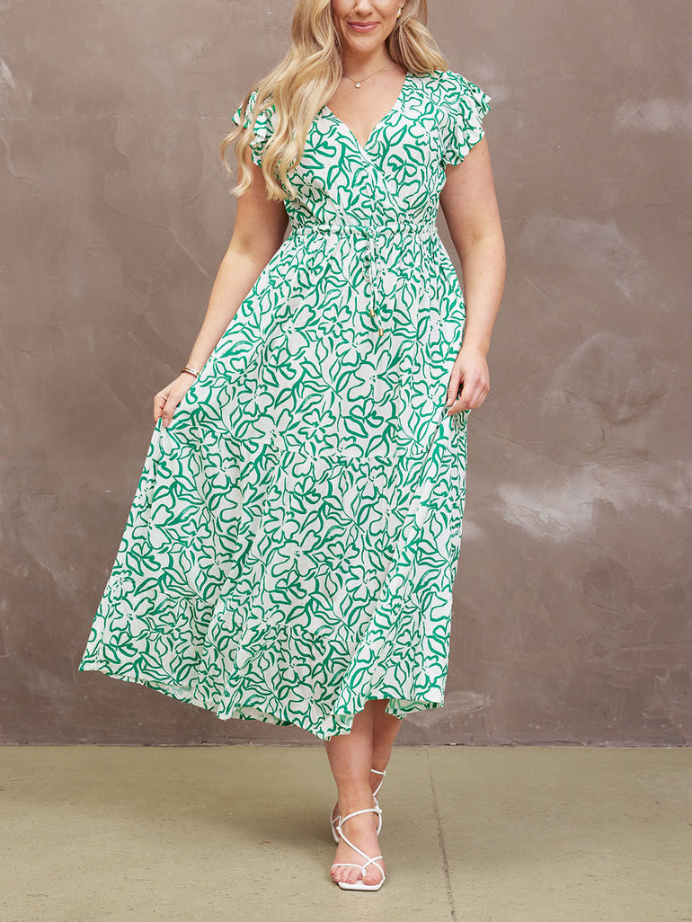 White & Green Linear PrintRuffle Sleeve Tiered Midi Dress