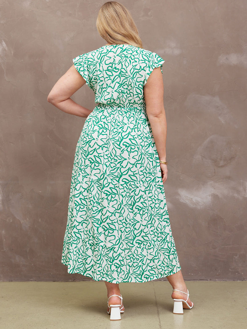 White & Green Linear PrintRuffle Sleeve Tiered Midi Dress