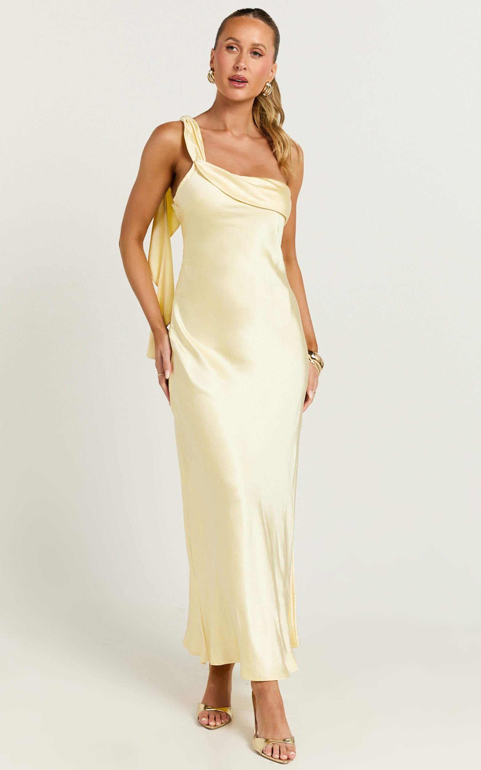 Pale Yellow Draped One Shoulder Satin Dress