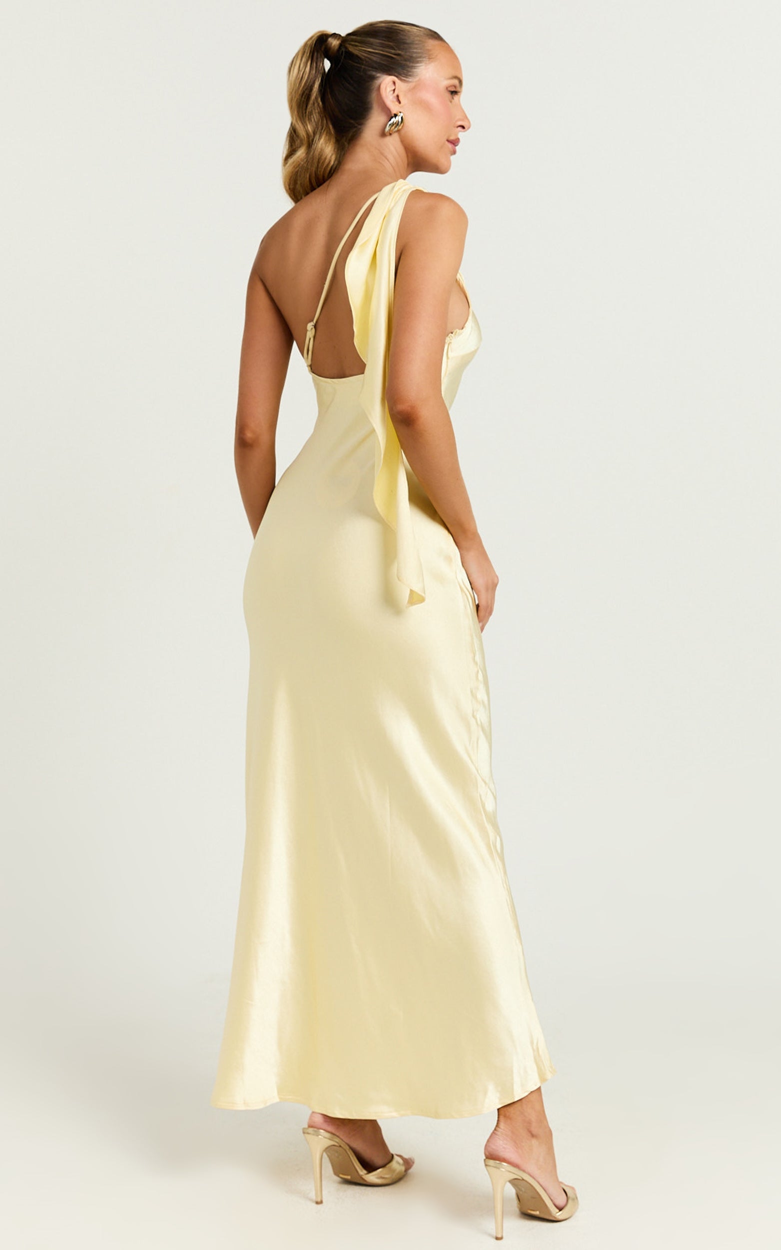 Pale Yellow Draped One Shoulder Satin Dress