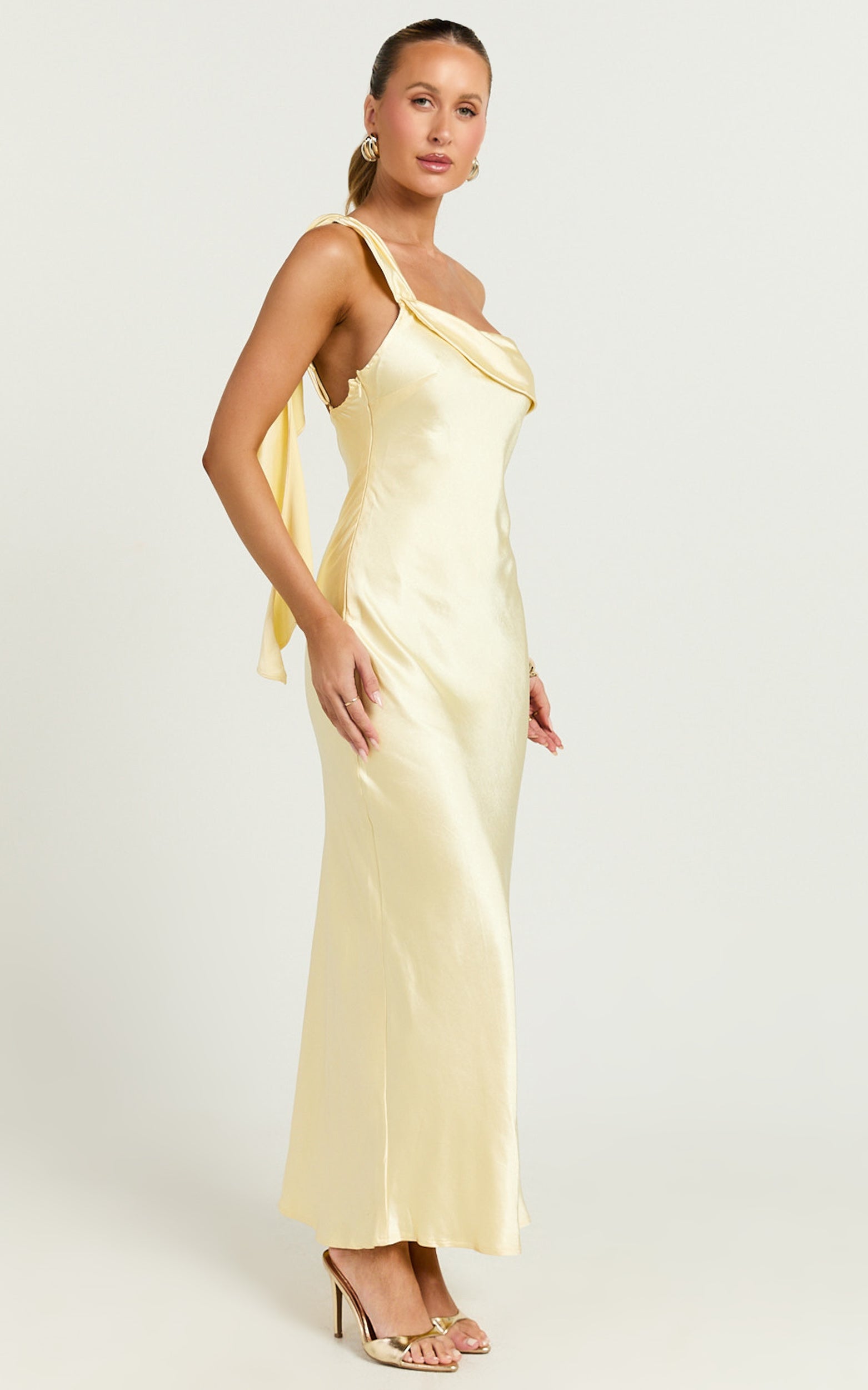 Pale Yellow Draped One Shoulder Satin Dress