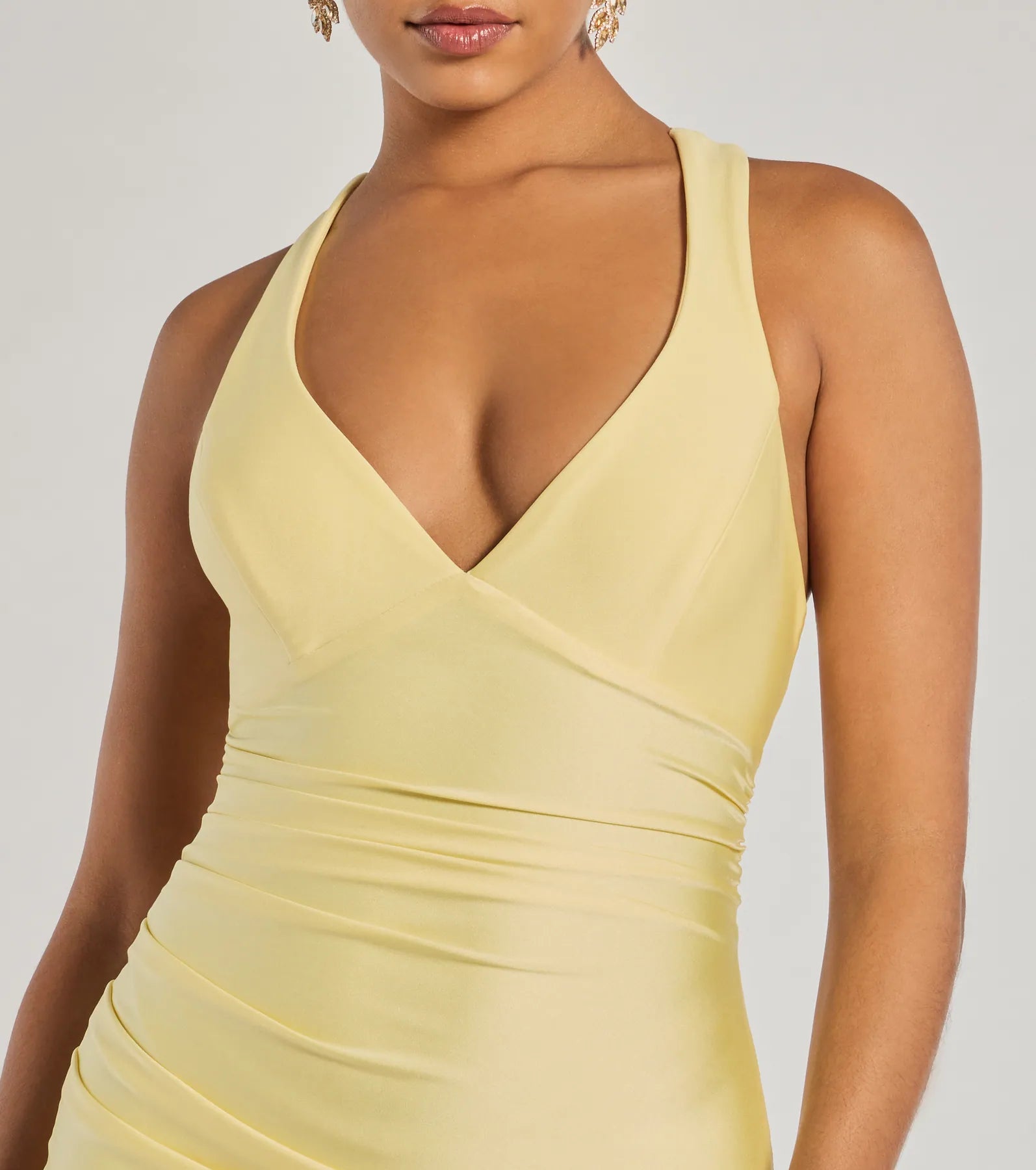 Sunlit Pale Yellow Halter Cross Back Mermaid Maxi Dress