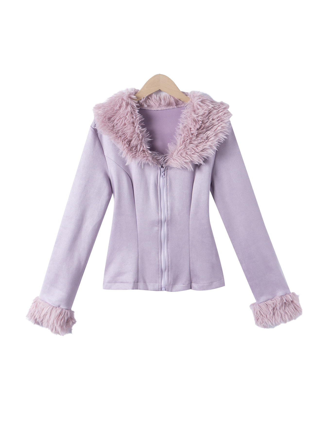 Women's Lavender Fitted Jacket with Fuzzy Fur Collar, Cuffs & Front Zip