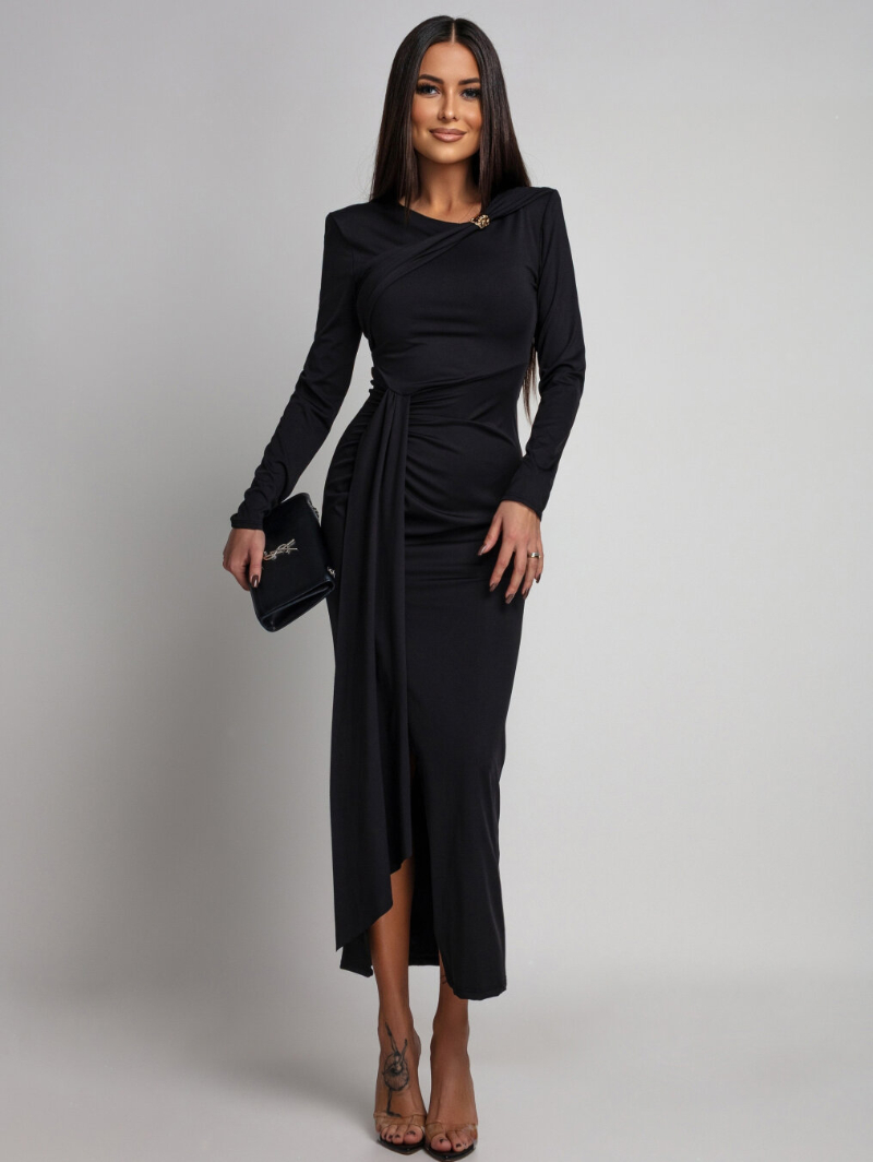 Woman's Long Sleeve Dress with Ruched Detail, Side Slit and Draped Sash