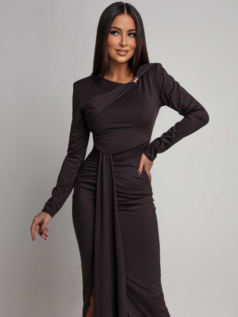 Woman's Long Sleeve Dress with Ruched Detail, Side Slit and Draped Sash