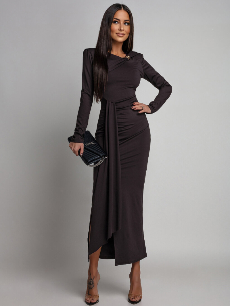 Woman's Long Sleeve Dress with Ruched Detail, Side Slit and Draped Sash