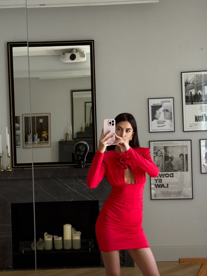 Woman's Long Sleeve Mini Dress with 3D Floral Detail, Cutout Neckline and Ruched Body