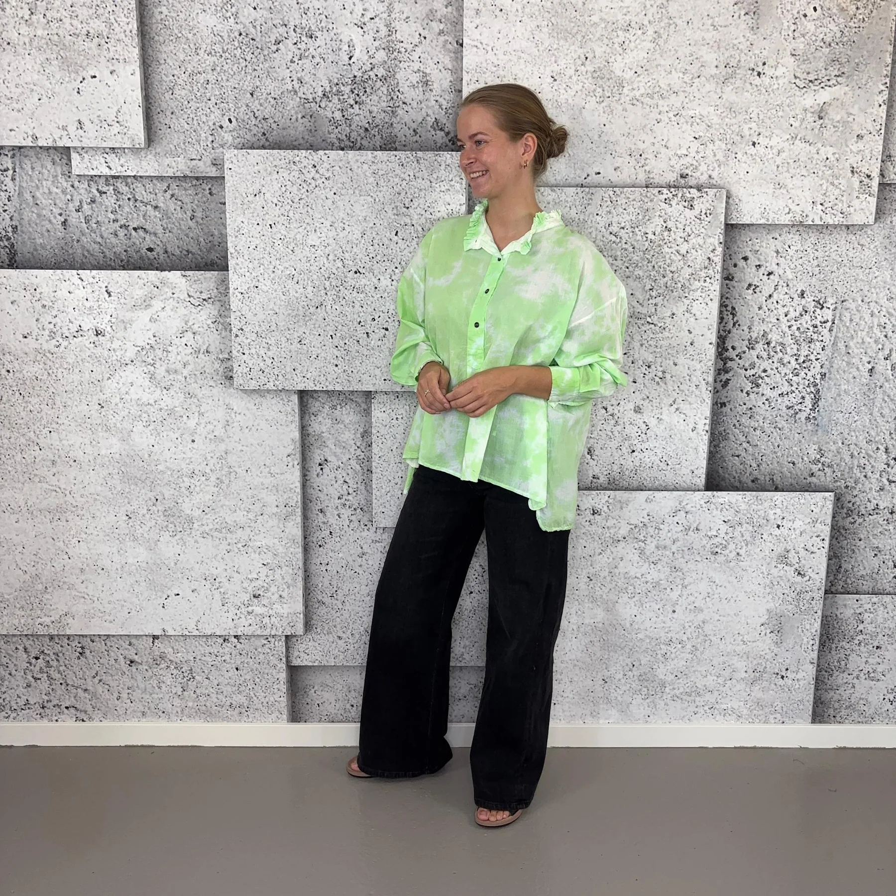 Ruffle Collar Half Button Long Sleeve Tie Dye Print Oversized Blouse