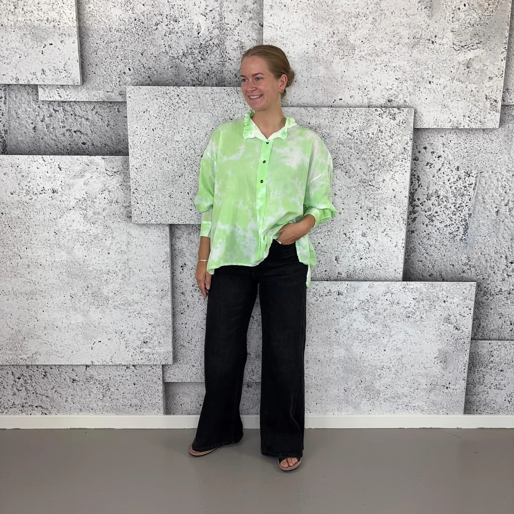 Ruffle Collar Half Button Long Sleeve Tie Dye Print Oversized Blouse