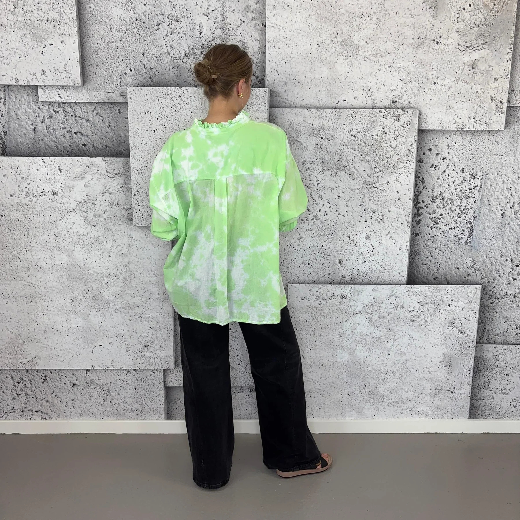 Ruffle Collar Half Button Long Sleeve Tie Dye Print Oversized Blouse