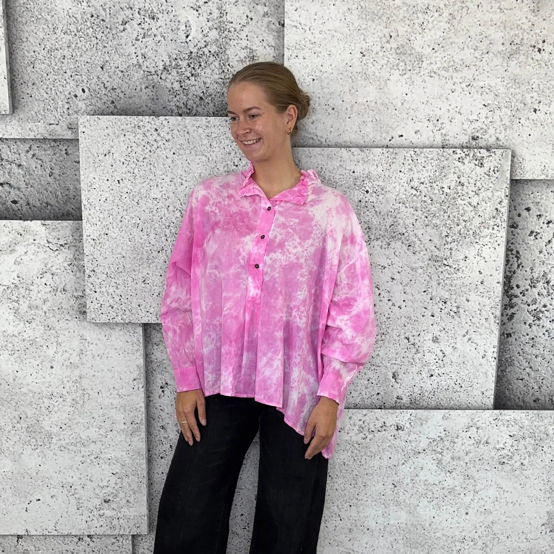 Ruffle Collar Half Button Long Sleeve Tie Dye Print Oversized Blouse