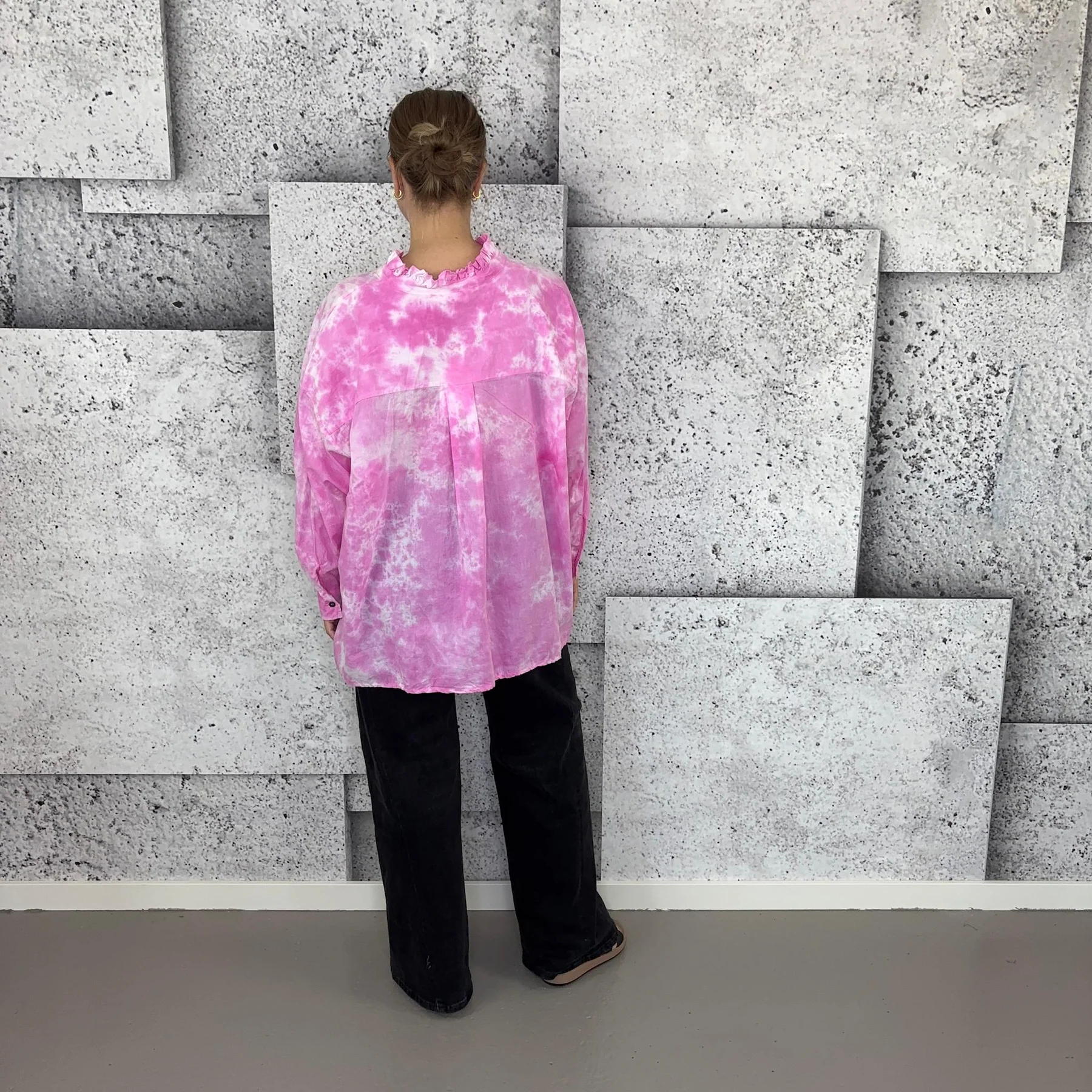 Ruffle Collar Half Button Long Sleeve Tie Dye Print Oversized Blouse