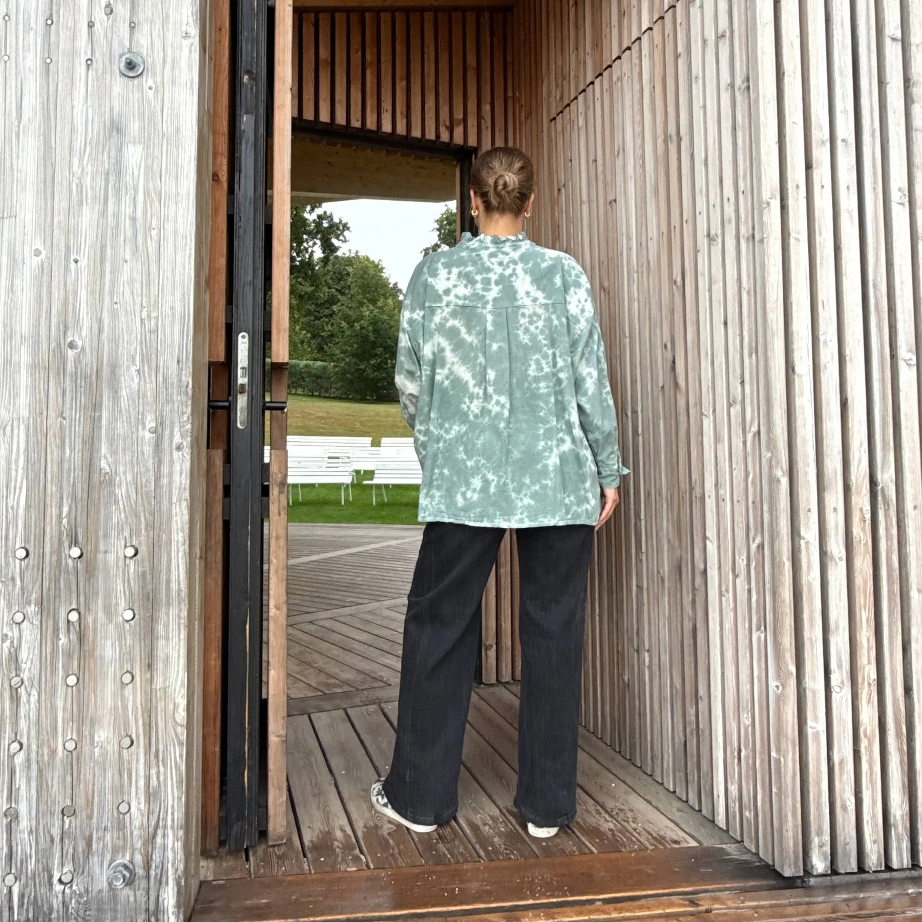 Ruffle Collar Half Button Long Sleeve Tie Dye Print Oversized Blouse