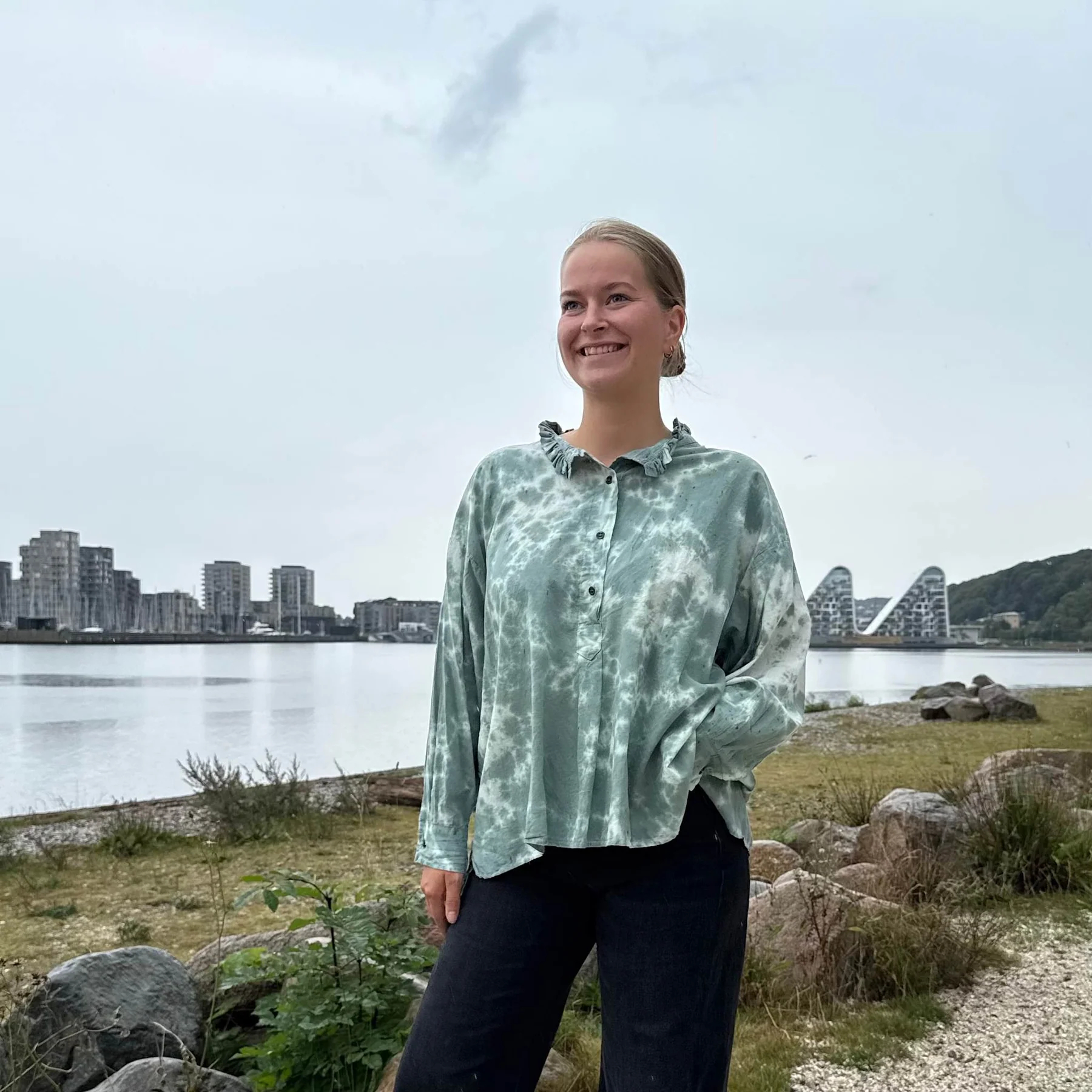 Ruffle Collar Half Button Long Sleeve Tie Dye Print Oversized Blouse