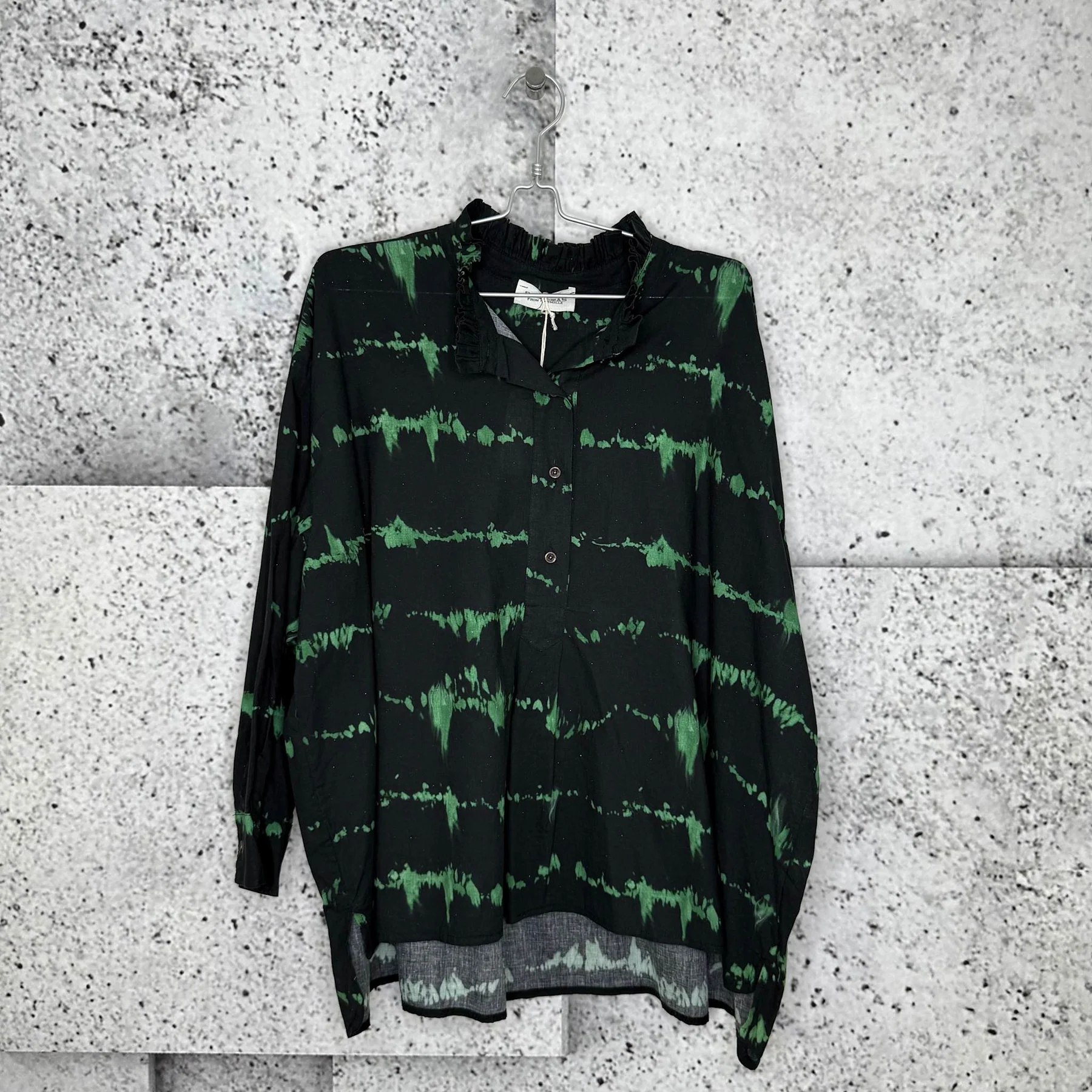 Ruffle Collar Half Button Long Sleeve Tie Dye Print Oversized Blouse