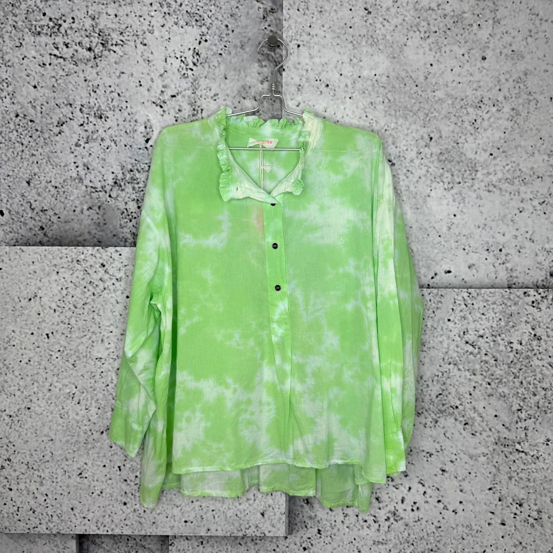 Ruffle Collar Half Button Long Sleeve Tie Dye Print Oversized Blouse