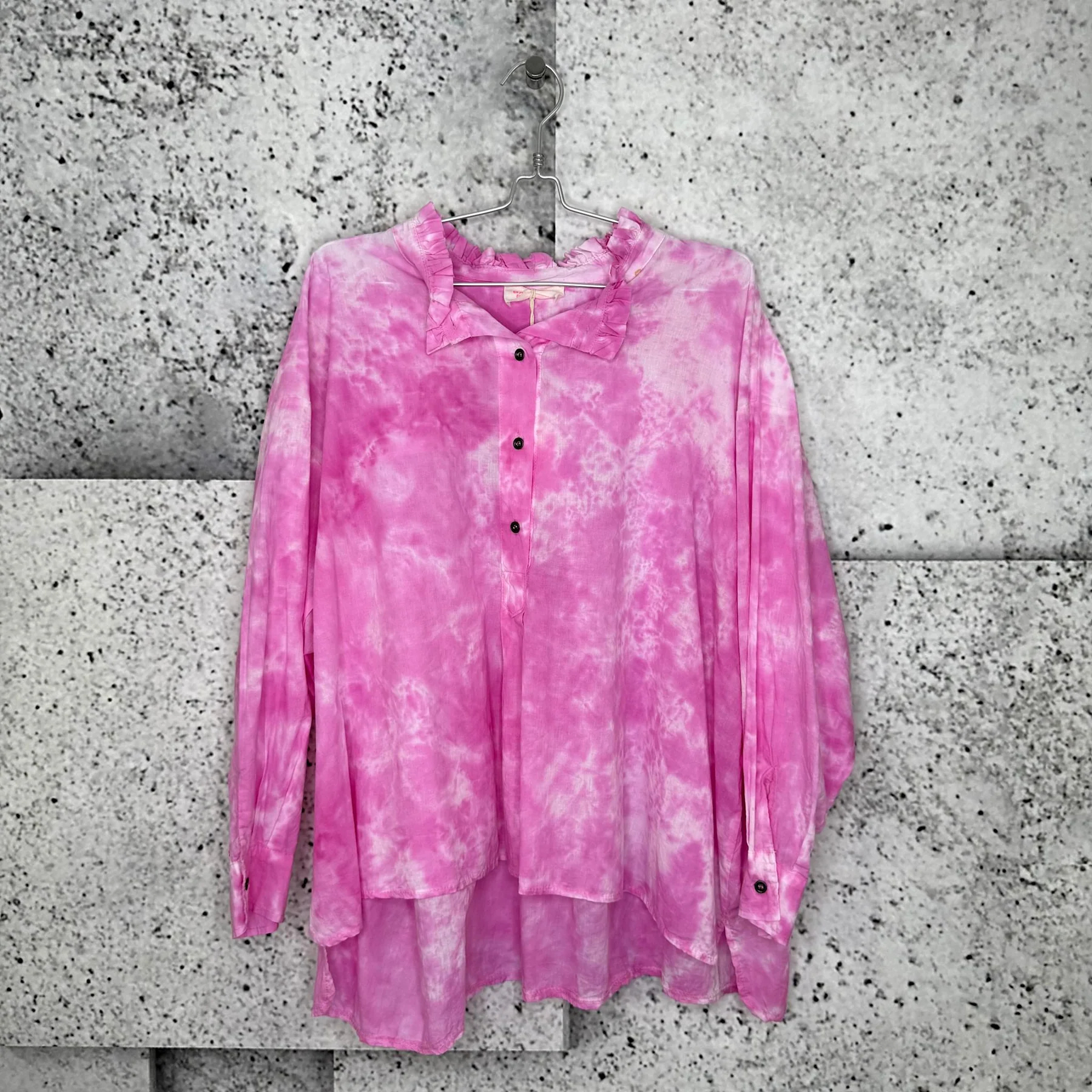 Ruffle Collar Half Button Long Sleeve Tie Dye Print Oversized Blouse