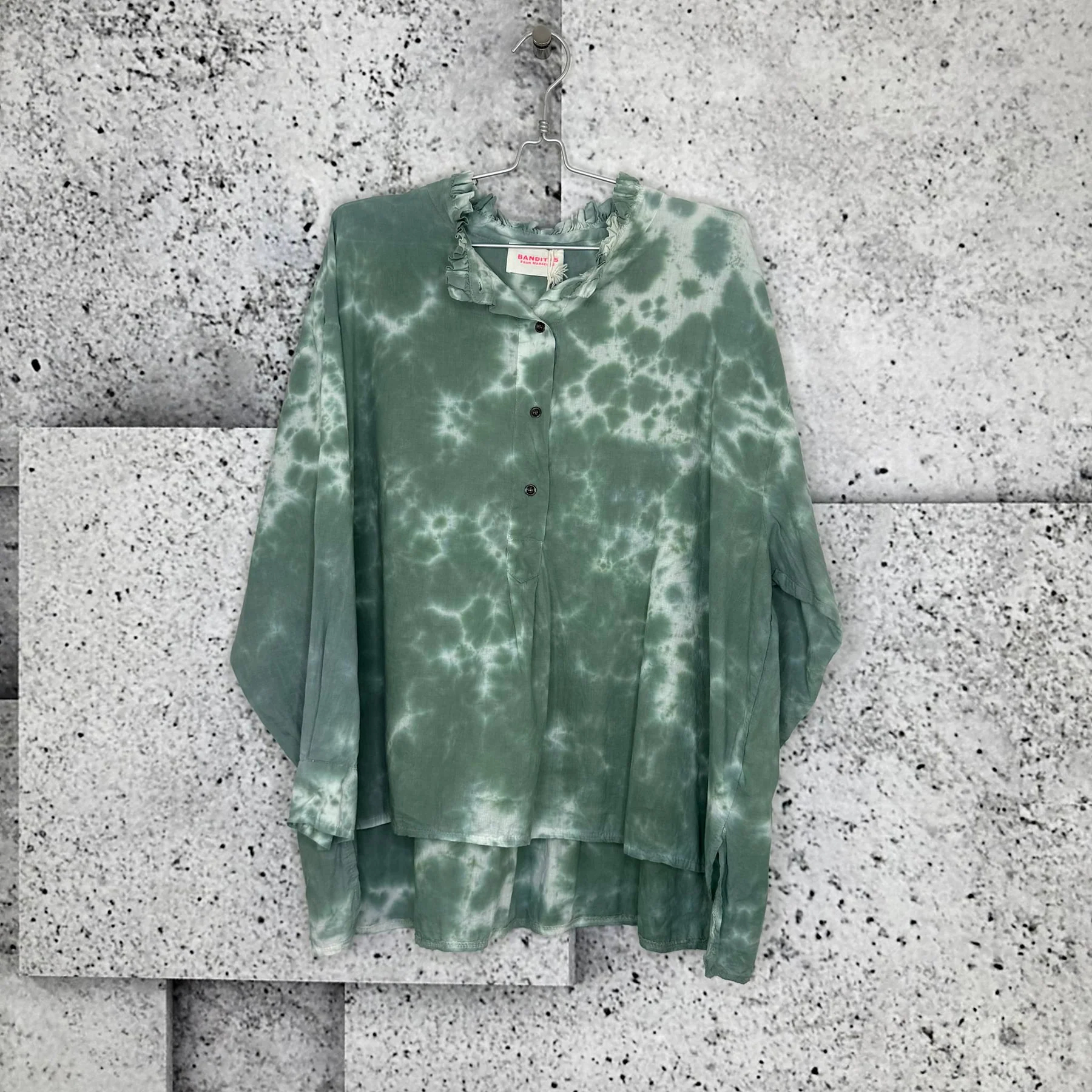 Ruffle Collar Half Button Long Sleeve Tie Dye Print Oversized Blouse