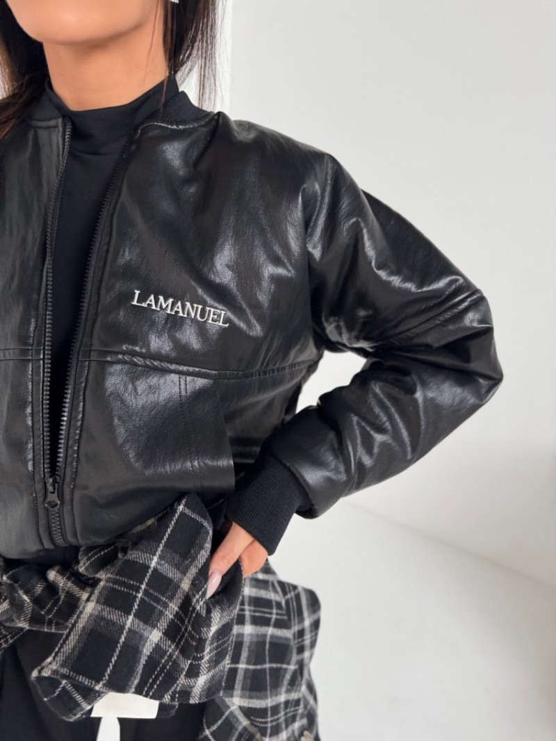 Woman's Faux leather short bomber jacket with letter embroidery