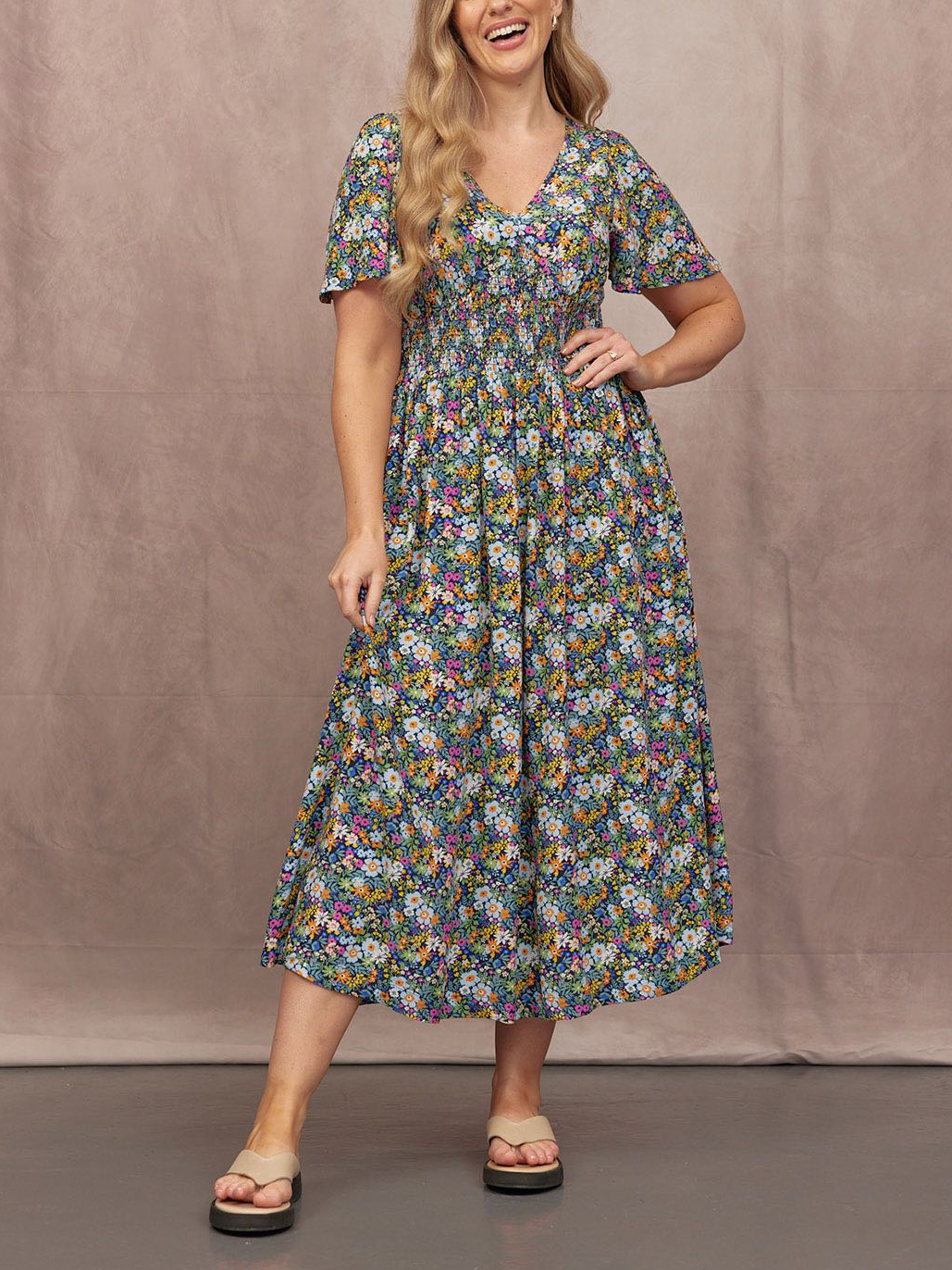 Ditsy Floral Print Smocked Waist Maxi Dress