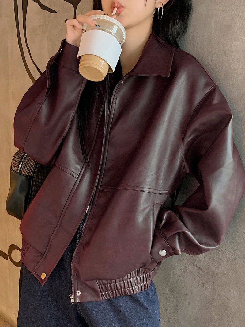 Woman's PU leather loose casual jacket with front zipper