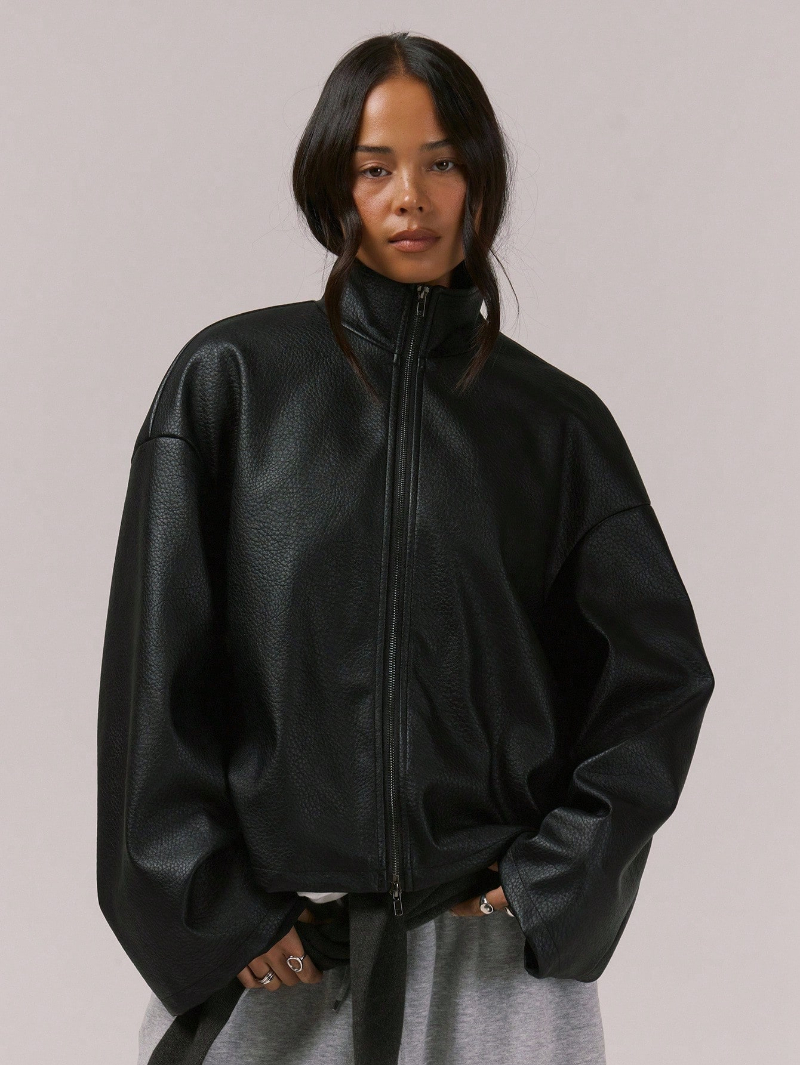 Woman's high-neck faux leather full-zip jacket
