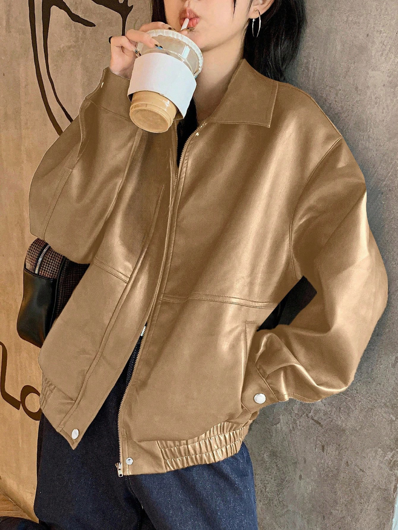 Woman's PU leather loose casual jacket with front zipper