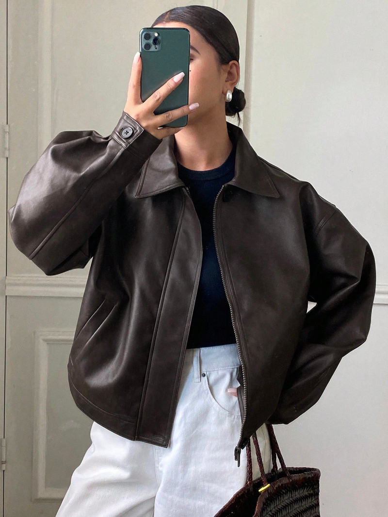 Woman's Vintage-Style Leather Classic Collar Zip-Up Jacket
