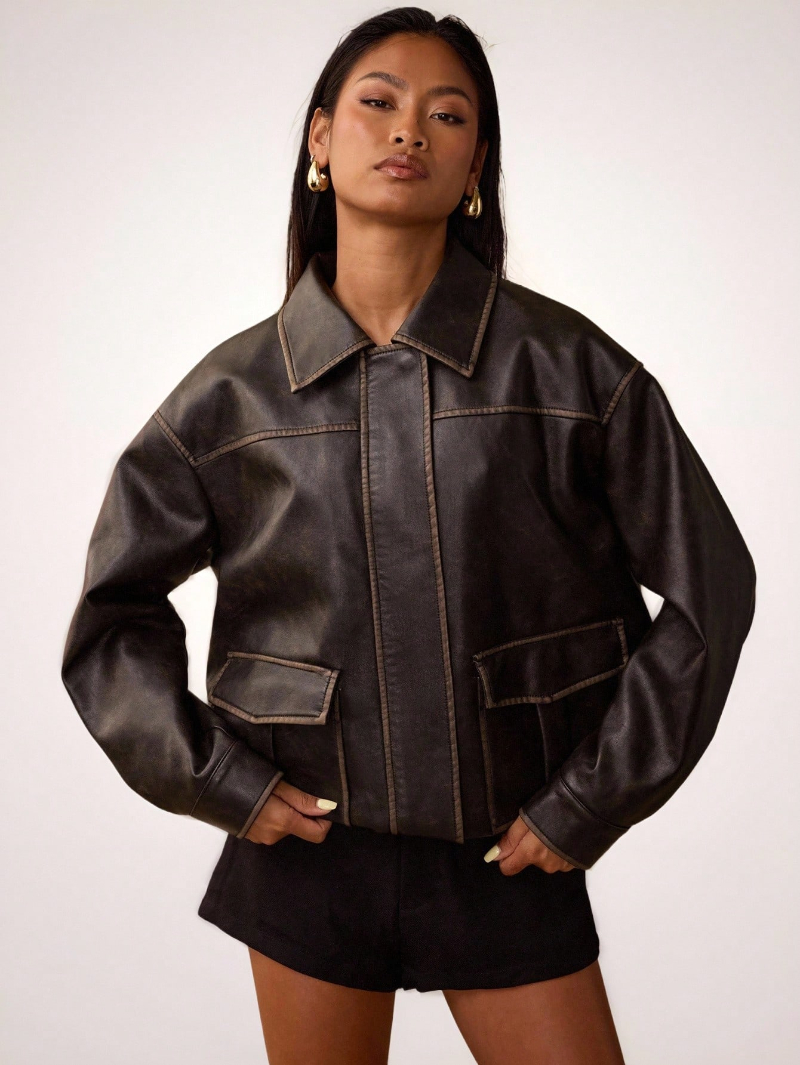 Woman's Vintage Workwear-Style Leather Classic Collar Contrast-Stitch Cropped Jacket