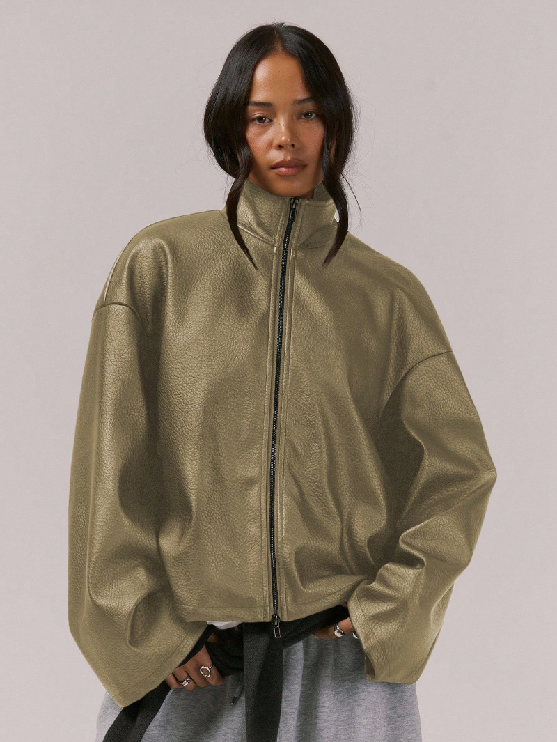 Woman's high-neck faux leather full-zip jacket