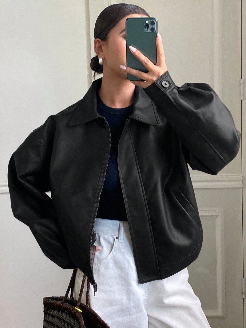 Woman's Vintage-Style Leather Classic Collar Zip-Up Jacket