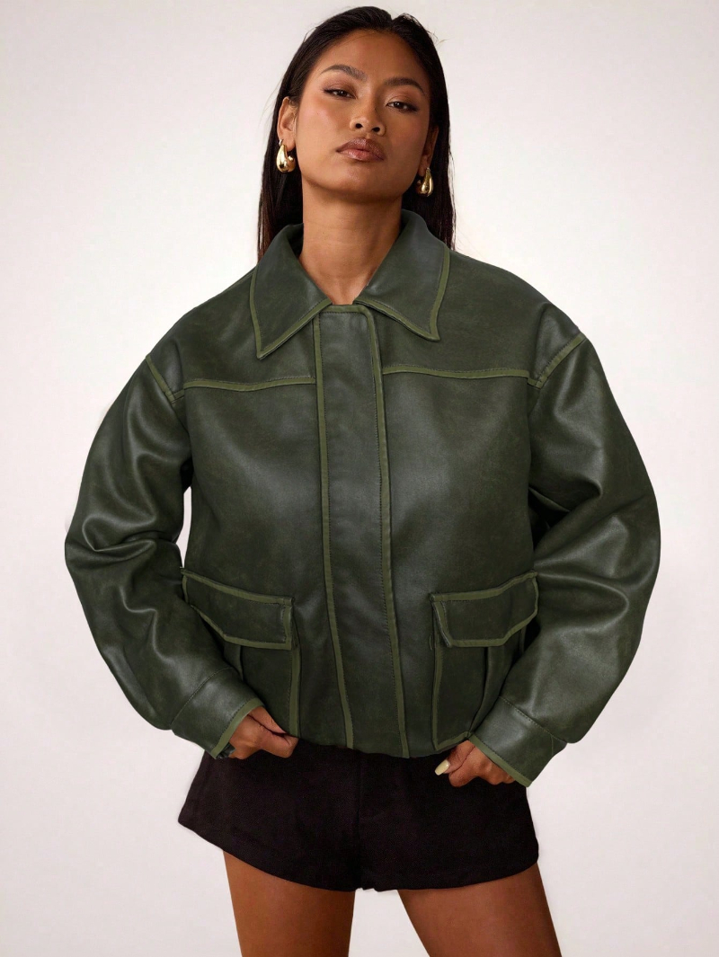 Woman's Vintage Workwear-Style Leather Classic Collar Contrast-Stitch Cropped Jacket