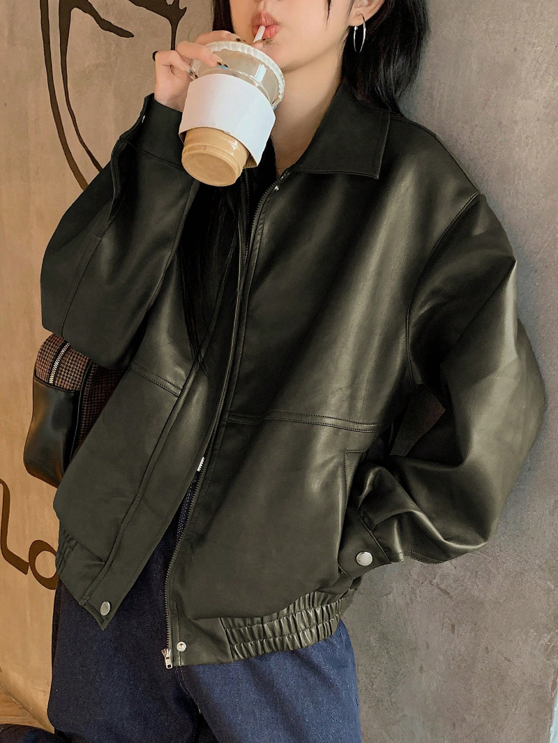 Woman's PU leather loose casual jacket with front zipper