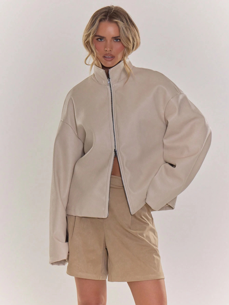 Woman's high-neck faux leather full-zip jacket