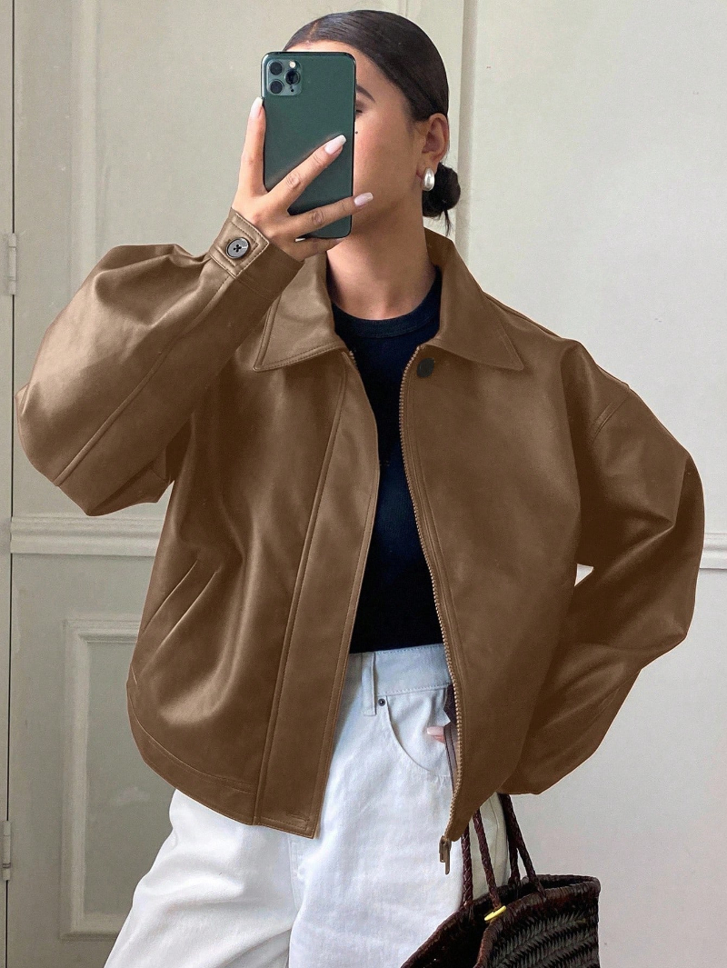 Woman's Vintage-Style Leather Classic Collar Zip-Up Jacket